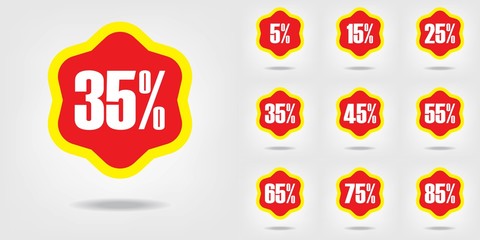 Red and Yellow Discount Tag Set. Bubble, Cloud, Offer Price Label. Discount Sticker set. Vector Illustration. 