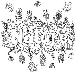 Nature word - coloring page for adults and children. Doodle cartoon artwork. Vector illustration