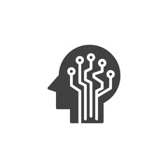 Human head with circuit board vector icon. filled flat sign for mobile concept and web design. Neurology solid icon. Artificial intelligence symbol, logo illustration. Vector graphics