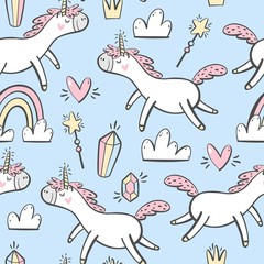 Seamless pattern with unicorns. Magic background.