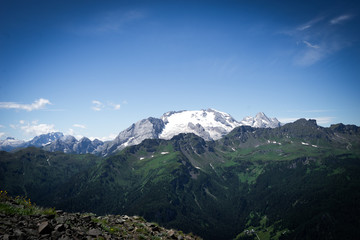 Obraz premium View of the Marmolada against blue sky, Dolomites