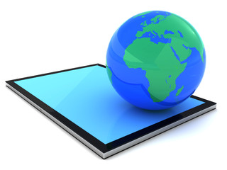 Tablet PC and Earth, icon isolated on white background