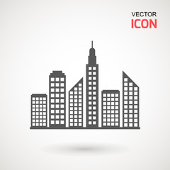 Fototapeta na wymiar Flat Buildings, skyscrapers, business center, offices and houses vector illustration. Modern city, Urban landscape concept. Vector city buildings silhouette icons