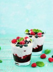 Detox and healthy superfoods breakfast in bowl. Vegan almond milk chia seeds pudding with raspberries, blackberries and  mint.