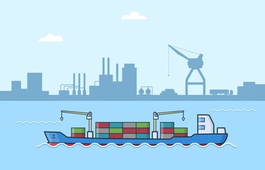 Fototapeta premium Set of commercial cargo ships. Sea transportation vehicle. Water logistics. Transport boat.