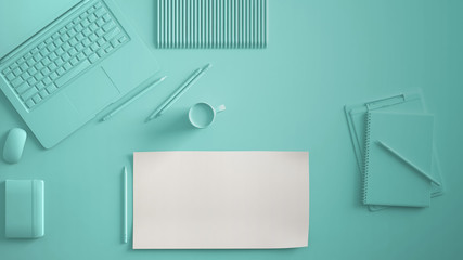 Pastel turquoise monochrome minimal office table desk. Workspace with laptop, notebook, pencils and coffee cup. Flat lay, top view, blank paper mockup template