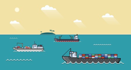 Set of commercial cargo ships. Sea transportation vehicle. Water logistics. Transport boat.