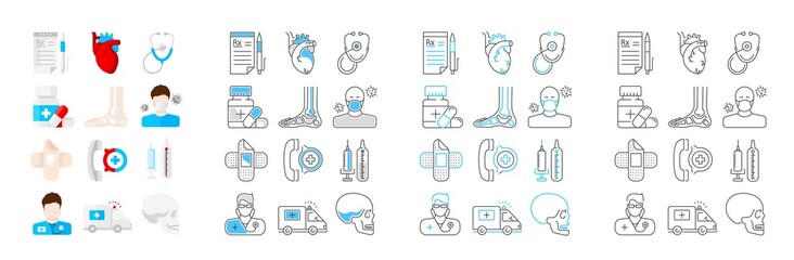 Vector graphic set. Medicine and health care. Editable stroke size. Icons in flat, contour, outline, thin and linear design. Simple isolated icons. Concept illustration. Sign, symbol, element.