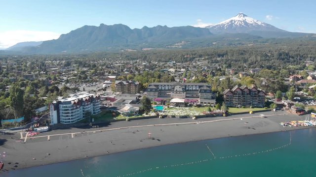 BEautiful aerial shot of an amazing lake at the south of Chile. Lake beach and hotel looked from above