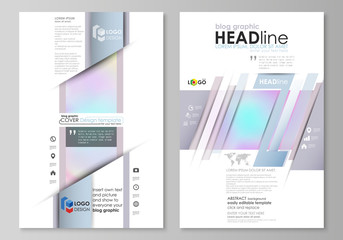 Blog graphic business templates. Page website design template, abstract vector layout. Hologram, background in pastel colors, holographic effect. Blurred colorful pattern, futuristic surreal texture.