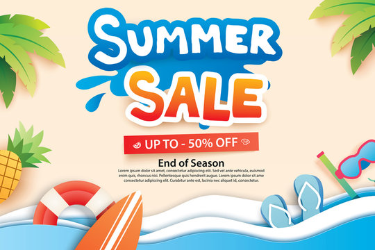 Summer sale with paper cut symbol and icon for advertising beach background. Art and craft style. Use for ads, banner, poster, card, cover, stickers, badges, illustration design.