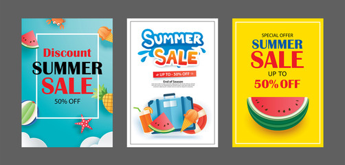 Fototapeta na wymiar Summer sale banner templates. Paper art and craft style. Vector illustrations for email, newsletter, website, mobile ads, discount, coupon,poster.