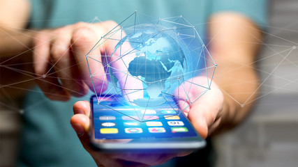 Businessman using smartphone with a Connected network over a earth globe concept on a futuristic interface - 3d rendering