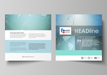 The minimalistic vector illustration of the editable layout of two square format covers design templates for brochure, flyer, booklet. Chemistry pattern, connecting lines and dots. Medical concept.