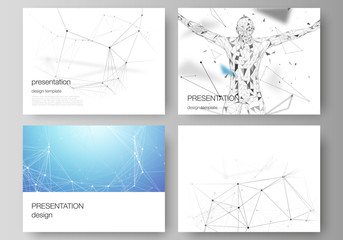 The minimalistic abstract vector layout of the presentation slides design business templates. Technology, science, medical concept. Molecule structure, connecting lines and dots. Futuristic background