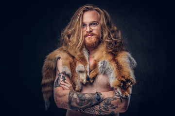 Naked tattoed redhead hipster male with long luxuriant hair and full beard posing with the fox skins on his shoulders in a studio. Isolated on a dark background.