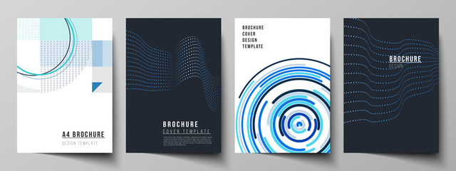 The vector illustration of the editable layout of A4 format cover mockups design templates with geometric background made from dots, circles, rectangles for brochure, magazine, flyer, booklet, report.