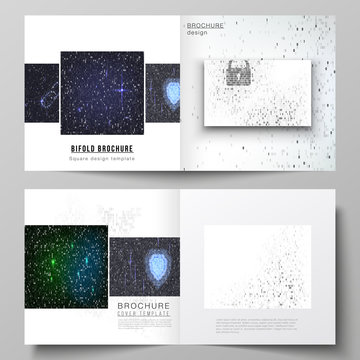 The vector layout of two covers templates for square design bifold brochure, magazine, flyer, booklet. Binary code background. AI, big data, coding or hacker concept, digital technology background.