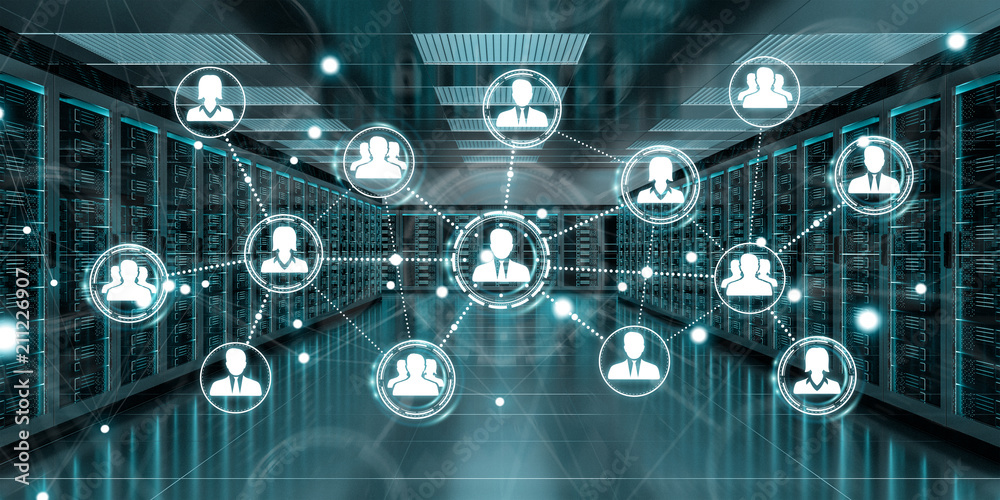 Aufkleber Social network over server room data center 3D rendering