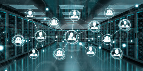 Social network over server room data center 3D rendering