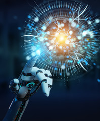 White cyborg hand using digital eye surveillance hologram 3D rendering