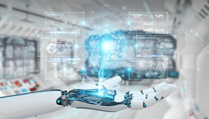 White cyborg hand using digital datas interface 3D rendering