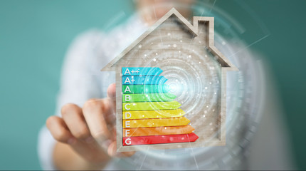 Businesswoman using 3D rendering energy rating chart in a wooden house