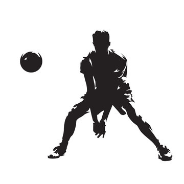 Volleyball player returning ball, abstract isolated vector silhouette. Ink drawing. Team sport. Beach volleyball