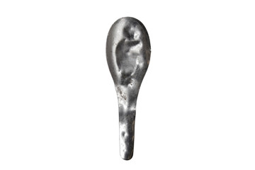The old stainless steel spoon is dubbed and dirty isolated on white background with clipping path.