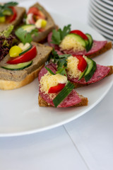 Tasty, colorful sandwiches on dark bread with salami and pate decorated with cucumber, peppers, lettuce and yellow cheese on a white porcelain plate