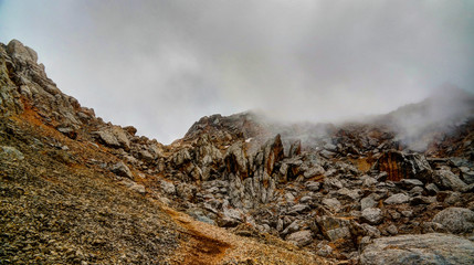 Panorama of Schalbus-Dag mountain in fog, Dagestan, Caucasus Russia