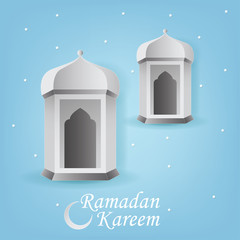 Ramadan Kareem Greeting card design with lantern vector Illustration. Ramadan Kareem Greeting Background. Paper art and Craft Style. Lantern Vector Illustration.