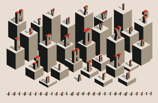 Isometric alphabet with shadows in retro colors