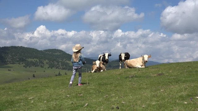 Farmer Child Pasturing Cows, Cowherd Kid Walking Cattle in Mountains