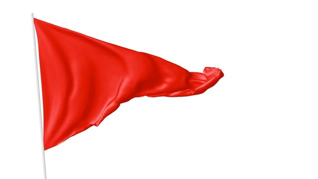 Red triangular blank plain red flag on flagpole flying and waving in the wind, 3D animation with luma matte alpha channel included