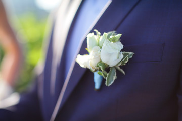Close up white rose in buttonhole of the groom, selective focus