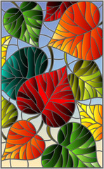 Illustration in stained glass style with colorful leaves on sky background 