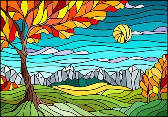 Naklejki  Illustration in stained glass style with autumn landscape,  tree on mountain landscape and Sunny sky background