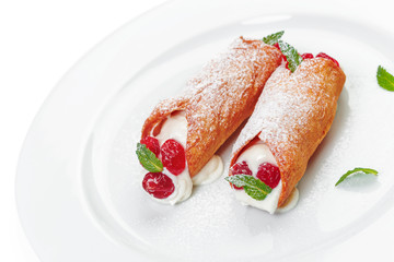 Sweet roll with berries dessert isolated on white