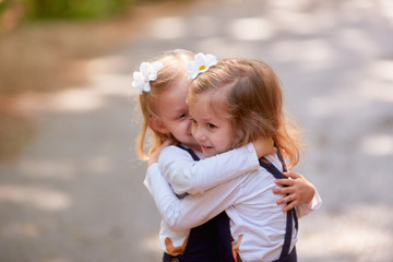 The twins girls  embarcing in the park