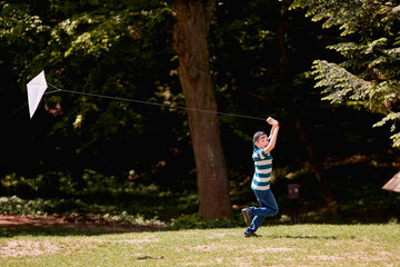 Obraz premium The small boy walking and playing with kite