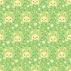 Funny bunny in a wreath of flowers, Seamless vector illustration with cute characters, vintage style