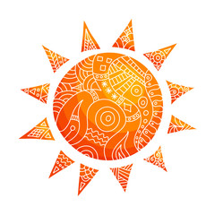 Doodle sun with ethnic ornament. Vector hand-drawn colorful sun. Decorative design element in tribal style.