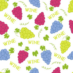 Seamless pattern with colorful grapes and words wine on the white background.