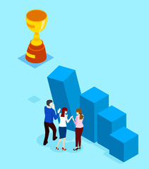 Blue background with people working together.