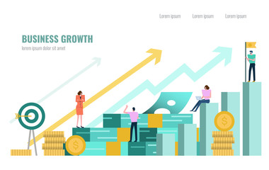 People investor and office worker secretary standing on stack of money. Business successful concept. Flat design element. vector illustration