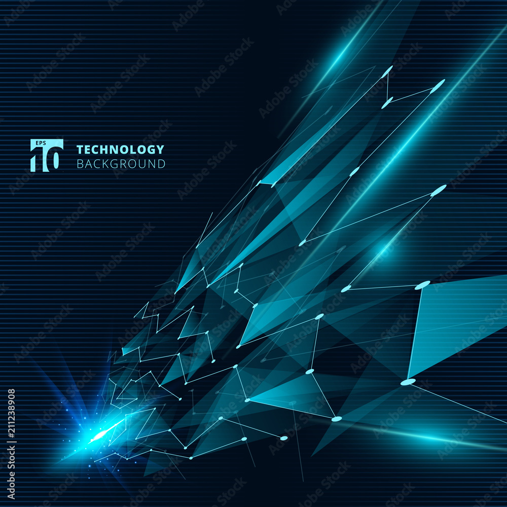 Poster abstract technology blue color triangles with lighting effect lines connecting dots structure perspe