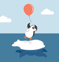 Cute polar bear swimming with penguin  holding balloon