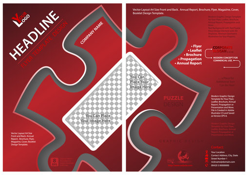 Red Flyer Template with Puzzle Shape - Modern Abstract Illustration for Your Use, Vector