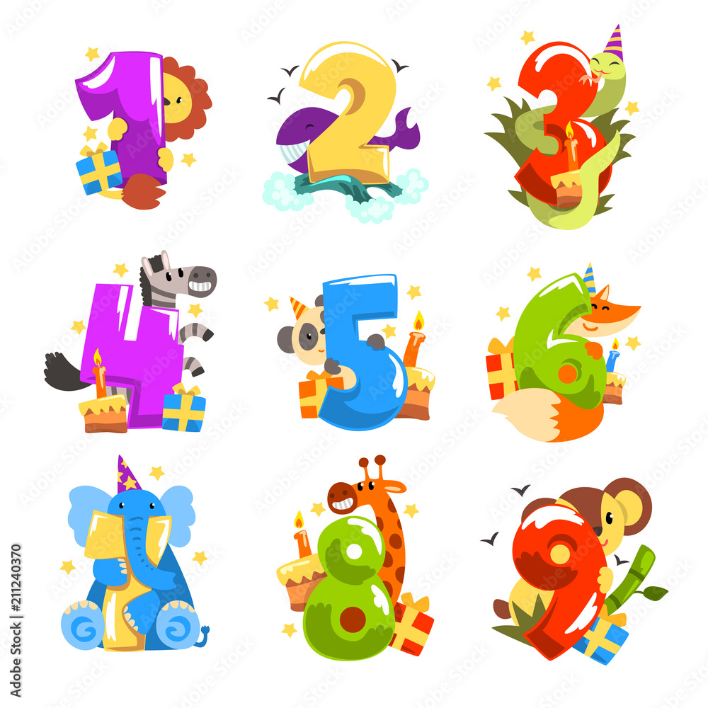 Sticker Happy birthday, anniversary numbers with cute animal characters set, funny lion, zebra, whale, snake, fox, giraffe, elephant, panda, koala vector Illustrations on a white background